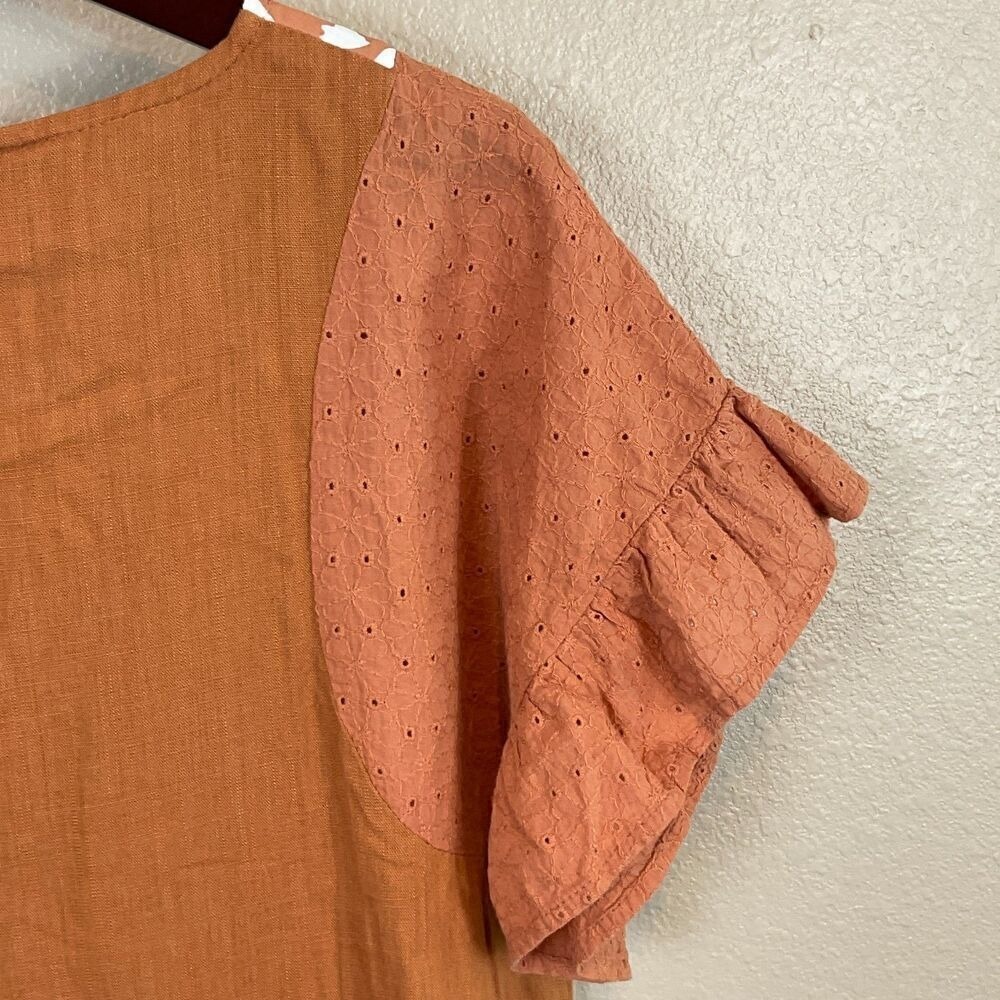 Umgee Linen Blend Top S Orange Flutter Sleeve Eyelet Mixed Media Animal Print R3 - Picture 10 of 12